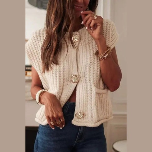 'Ella' Creme Knit Gold Button Sweater Vest - Celes Fashion